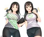  arm_behind_back black_hair breasts brown_eyes character_doll commentary eyebrows eyebrows_visible_through_hair idolmaster idolmaster_cinderella_girls long_hair looking_at_viewer looking_down master_trainer medium_breasts multiple_girls parted_lips rookie_trainer shirt short_sleeves sidelocks simple_background smile striped striped_shirt susu_(susuhako) trainer_(idolmaster) twitter_username veteran_trainer white_background 