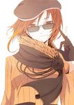  beret brown_hair closed_mouth coco_adel flower gloves hat partly_fingerless_gloves rwby ryuga_(balius) scarf signature smile solo sunglasses upper_body v wind wind_lift 