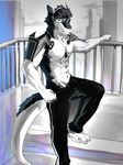  abs anthro biceps black_fur black_hair blue_eyes claws clothed clothing discordnight fur hair jewelry male mammal muscular necklace pants pecs sergal solo toe_claws topless white_fur 
