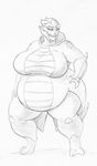  alien clock-face clothed clothing female looking_at_viewer monochrome obese overweight smile solo standing story story_in_description teeth 