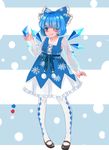  ;p blue_dress blue_eyes blue_hair blush bow cirno colored_eyelashes dress hair_bow highres ice ice_wings mary_janes nomi_mochigome one_eye_closed pantyhose petticoat see-through_sleeves shoes short_hair sleeveless sleeveless_dress solo tongue tongue_out touhou white_legwear wings 