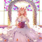  absurdres baiya_hei bare_shoulders bouquet breasts bridal_veil bride cleavage closed_eyes commentary_request dress flower gloves guilty_crown hair_ornament highres jewelry large_breasts long_hair necklace open_mouth pink_hair rose smile solo strapless strapless_dress twintails veil wedding_dress white_dress white_flower white_rose yuzuriha_inori 