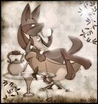  beverage canine chair flower lucario mammal nintendo peaceful petals plant pok&eacute;mon rose sao_(artist) sephia sitting spikes steam table tea teapot tranquil video_games 