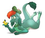  2016 anthro blush brown_hair butt digital_media_(artwork) disney female green_scales hair hat hindpaw loch_ness_monster marine nessie paws psy101 scales scalie scarf simple_background smile solo the_ballad_of_nessie 