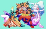  arrow blue_eyes claws clenched_hand decidueye fangs green_background green_eyes incineroar indian_style no_humans pokemon pokemon_(creature) primarina ryan_boyes sharp_teeth sitting star teeth yellow_eyes 