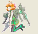  ahoge bare_shoulders boots bow commentary curly_hair dress freckles frilled_shirt frills full_body green_eyes hair_bow iesupa long_sleeves looking_at_viewer machinery mecha_musume neon_lights neon_trim orange_hair penny_polendina rwby shirt short_dress smile thigh_boots thighhighs zettai_ryouiki 