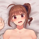 absurdres ahoge bare_shoulders blush brown_hair earrings highres idolmaster idolmaster_million_live! implied_sex jewelry kamille_(vcx68) looking_at_viewer lying on_back open_clothes open_mouth out-of-frame_censoring portrait purple_eyes side_ponytail solo yokoyama_nao 