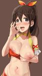  aumann bad_id bad_twitter_id blue_eyes blush breast_hold breasts brown_hair eyebrows_visible_through_hair fellatio_gesture hair_ribbon heart heart-shaped_pupils idolmaster idolmaster_million_live! large_breasts looking_at_viewer midriff navel nipple_slip nipples one_breast_out open_mouth ponytail ribbon satake_minako short_hair simple_background solo symbol-shaped_pupils 