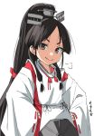  1girl artist_name black_hair brown_eyes cowboy_shot hair_tie headgear high_ponytail japanese_clothes kantai_collection kariginu long_hair long_sleeves looking_at_viewer moti_coi multi-tied_hair nisshin_(kantai_collection) red_ribbon ribbon ribbon-trimmed_sleeves ribbon_trim short_eyebrows simple_background smug solo standing thick_eyebrows very_long_hair white_background wide_sleeves 