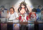  6+boys bare_shoulders black_eyes black_hair blush breasts character_print cleavage clothes_writing convention cosplay detached_sleeves embarrassed english fat fat_man glasses haruna_(kantai_collection) headgear indoors jall_boint japanese_clothes kantai_collection kongou_(kantai_collection) kongou_(kantai_collection)_(cosplay) large_breasts legs long_hair looking_at_viewer money multiple_boys navel no_eyes nohito original otaku parted_lips pornography print_shirt raglan_sleeves red_skirt shirt sitting skirt smile source_request sparkle standing table thighhighs thighs 