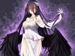  ahoge albedo armpits bangs bare_shoulders black_hair black_wings breasts cleavage commentary_request cowboy_shot demon_girl demon_horns detached_collar dress eeryuu_(2004107) eyes_visible_through_hair feathered_wings gloves highres hip_vent horns large_breasts long_hair looking_at_viewer low_wings overlord_(maruyama) parted_lips sideboob smile solo strapless strapless_dress very_long_hair white_dress white_gloves wings yellow_eyes 