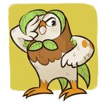  ambiguous_gender angry avian badcactus bird border bow_tie brown_feathers dartrix feathers green_hair hair leaf_clothing nintendo pok&eacute;mon simple_background solo video_games white_border white_feathers yellow_background 