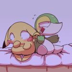  2017 barely_visible_genitalia barely_visible_pussy bed blush covering_mouth duo feral half-closed_eyes nettsuu nintendo on_bed open_mouth pikachu pok&eacute;mon pok&eacute;mon_(species) purple_background pussy shy simple_background sitting snivy video_games 