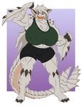  anthro big_breasts breasts clock-face clothed clothing dragon female huge_breasts looking_at_viewer muscular nipple_bulge smile solo standing 