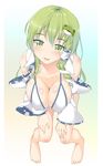  bare_legs bare_shoulders barefoot bikini_top blush breasts cleavage collarbone covered_nipples detached_sleeves floral_print frog_hair_ornament full_body green_eyes green_hair hair_between_eyes hair_ornament hair_tubes head_tilt highres ichio japanese_clothes kochiya_sanae large_breasts leaning_forward long_hair long_sleeves looking_at_viewer miko open_clothes open_shirt parted_lips shiny shiny_skin shirt smile snake_hair_ornament solo touhou white_bikini_top wide_sleeves 