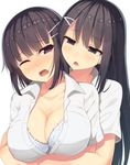  black_hair blue_eyes blush bra breasts buttons cleavage collarbone hair_ornament hairclip heart heart-shaped_pupils hug hug_from_behind large_breasts long_hair multiple_girls open_mouth original purple_eyes samegami shirt short_hair simple_background symbol-shaped_pupils unbuttoned underwear white_background white_bra white_shirt yuri 