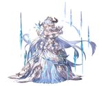  breasts brown_eyes draph dress full_body gloves granblue_fantasy hair_between_eyes hat horns ice izmir large_breasts long_hair minaba_hideo mole mole_under_mouth official_art pointy_ears solo transparent_background underboob very_long_hair white_dress white_gloves white_hair 