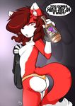  2016 alcohol alternate_species anthro beverage black_nose bottle breasts brown_hair butt canine cinnamon_swirl clothed clothing drunk duckdraw english_text female fingerless_gloves fox fur gloves grey_background hair holding_bottle holding_object inner_ear_fluff looking_at_viewer mammal nipples open_mouth panties red_eyes red_fur shadow side_view simple_background small_breasts solo speech_bubble text topless underwear white_fur 
