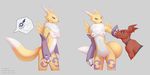  2016 annoyed anthro breasts carat clothing digimon duo elbow_gloves female fur gloves guilmon hi_res human mammal nipples nude pussy renamon scalie sketch yellow_eyes yellow_fur 