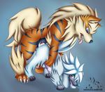  2015 3_toes all_fours anal anal_penetration animal_genitalia animal_penis arcanine balls blue_background blue_eyes blue_fur blue_nose blue_sclera canine claws cum cum_in_ass cum_inside cum_while_penetrated digital_media_(artwork) digitigrade dog doggystyle duo erection feral feral_on_feral from_behind_position fur furfrou hi_res humanoid_penis knot looking_at_viewer luxuria male male/male mammal multicolored_fur nintendo open_mouth orange_fur penetration penis pok&eacute;mon purple_penis purple_tongue red_eyes sex simple_background striped_fur stripes toe_claws toes tongue tongue_out video_games 