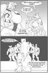  anthro arcanine big_breasts bra breasts clock-face clothing comic english_text female group huge_breasts hyper hyper_breasts hyper_muscles machoke monochrome muscular nidoqueen nintendo pok&eacute;mon smile standing text underwear video_games 