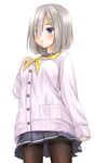  arm_at_side black_legwear blue_eyes blush buttons cardigan commentary_request cowboy_shot eyebrows_visible_through_hair eyes_visible_through_hair fujishima_shinnosuke hair_ornament hair_over_one_eye hairclip hamakaze_(kantai_collection) hand_on_own_chest kantai_collection long_sleeves neckerchief pantyhose parted_lips pink_cardigan pleated_skirt pocket sailor_collar school_uniform serafuku short_hair silver_hair simple_background skirt sleeves_past_wrists solo thighband_pantyhose white_background yellow_neckwear 