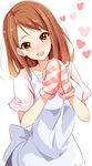  :d apron blush brown_hair commentary earrings eyebrows gloves hands_together head_tilt heart highres houjou_karen idolmaster idolmaster_cinderella_girls jewelry leaning_to_the_side long_hair looking_at_viewer natsu_(anta_tte_hitoha) open_mouth oven_mitts short_sleeves smile solo upper_body white_apron yellow_eyes 