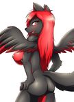  2016 anthro big_breasts black_fur breasts butt canine female fur hair hi_res long_hair mammal nude red_eyes red_fur red_hair simple_background solo standing tailzkim wings 