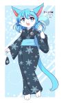  1girl absurdres animal_ears animal_feet animal_nose artist_name bag bangs barefoot bell blue_background blue_eyes blue_hair blue_kimono blue_tail blue_theme body_fur border breasts bright_pupils cat_ears cat_girl cat_tail coin_purse crystal eyebrows_visible_through_hair full_body furry furry_female hair_ornament hand_fan hand_up happy highres holding holding_bag holding_fan japanese_clothes jewelry jingle_bell kimono kryztar long_hair long_sleeves looking_at_viewer neck_bell necklace obi open_mouth original outside_border paper_fan sash sidelocks signature small_breasts smile snowflake_print solo standing tail uchiwa unmoving_pattern white_border white_fur white_pupils wide_sleeves wristband 