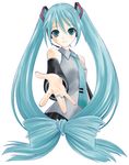  aqua_hair aqua_neckwear detached_sleeves hatsune_miku headset long_hair necktie smile solo takeshita_kenjirou twintails very_long_hair vocaloid 