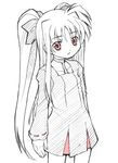  arms_at_sides artist_request bangs breasts cowboy_shot dress eyebrows_visible_through_hair fate_testarossa hair_ornament long_hair long_sleeves lowres lyrical_nanoha mahou_shoujo_lyrical_nanoha monochrome parted_lips pleated_dress red_eyes ribbon-trimmed_sleeves ribbon_trim short_dress simple_background small_breasts solo spot_color two_side_up very_long_hair white_background 