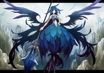 blue_hair feathered_wings feathers gigandal_federation harpy highres monster_girl mountain pixiv_fantasia pixiv_fantasia_3 polearm sachi_(yumemayoi) solo talons weapon wings 