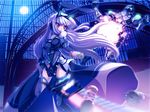  animal_ears armor bare_shoulders battle bunny_ears elbow_gloves gloves high_heels highres kuro_uso-ko leotard long_hair moon motion_blur night original red_eyes robot shoes solo thighhighs torisan weapon white_hair 