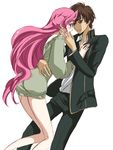  1girl blush brown_hair code_geass couple euphemia_li_britannia green_eyes hetero kurimomo kururugi_suzaku long_hair open_clothes open_shirt pink_hair purple_eyes shirt 