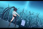  academy_city asymmetrical_clothes black_hair blue boots city cityscape from_behind kanzaki_kaori knee_boots letterboxed long_hair ponytail scenery single_pantsleg solo standing sword to_aru_majutsu_no_index tomcat weapon wind_turbine windmill 