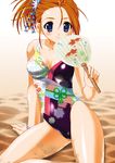  arm_support blue_eyes blush bracelet breasts brown_hair casual_one-piece_swimsuit cleavage dirty fan hair_up jewelry medium_breasts nal_(studio_ng) one-piece_swimsuit original paper_fan sand sitting smile solo swimsuit uchiwa yokozuwari 