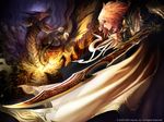  blonde_hair dragon fantasy highres male_focus monster original solo sword sword_world tachikawa_mushimaro weapon 