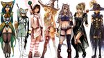  6+girls animal_ears blonde_hair blue_eyes blue_hair boots brown_hair cat_ears dress eyepatch fox_ears garter garter_belt garters green_eyes gun halter_neck halterneck hat kitsunemimi knee_high_boots knee_highs kneehighs long_hair looking_at_viewer multiple_girls nekomimi pink_hair pony_tail ponytail red_eyes robe robes shorts simple_background skirt smile striped stripes suspender_belt thigh_highs thighhighs weapon white_background witch 