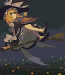  blonde_hair bloomers blue_eyes bow braid broom broom_riding dress flying frills hair_bow hand_on_headwear hat iwamoto_zerogo kirisame_marisa light_particles mary_janes night no_socks shoes sidesaddle sitting sky solo touhou underwear white_bloomers witch witch_hat 