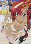  absurdres amber_eyes bare_feet barefoot belt bikini blonde_hair blue_eyes blue_hair blush blushing flat_chest gainax hat highres long_hair nia nia_teppelin pink_eyes red_hair redhead shorts striped stripes swimsuit tan tan_line tanned_skin tengen_toppa_gurren-lagann tengen_toppa_gurren_lagann thigh_highs thighhighs yellow_eyes yoko_littner yoko_ritona 