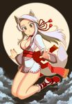  animal_ears breasts cleavage full_moon kusanagi_tonbo large_breasts long_hair long_sleeves moon original solo tail white_hair yellow_eyes 