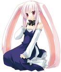  animal_ears bare_shoulders blush bow bowtie bunny_ears copyright_request dress extra_ears hand_on_own_chest long_sleeves pink_hair pointy_ears red_eyes sazaki_ichiri seiza short_hair simple_background sitting solo tsurime 