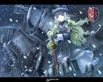  blue_eyes coat gigandal_federation green_hair hat long_hair mecha pantyhose pixiv_fantasia pixiv_fantasia_3 sabamu sheath sheathed snow solo sword weapon winter_clothes 