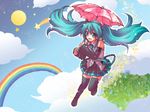  bad_id bad_pixiv_id blue_eyes blue_hair blush boots detached_sleeves happy hatsune_miku kousetsu long_hair melt_(vocaloid) moon necktie open_mouth rain rainbow shooting_star skirt solo star thighhighs twintails umbrella umbrella_riding vocaloid wallpaper zettai_ryouiki 