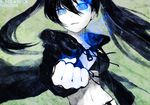  bad_id bad_pixiv_id bikini_top black_hair black_rock_shooter black_rock_shooter_(character) blue_eyes burning_eye clenched_hand flat_chest foreshortening hands jacket long_hair noco_(adamas) pale_skin solo twintails uneven_twintails 