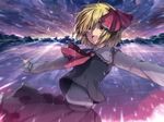  6u_(eternal_land) bad_id bad_pixiv_id blonde_hair cloud cowboy_shot fang hair_ribbon light_rays looking_at_viewer motion_blur mountain open_mouth red_eyes ribbon rumia short_hair solo touhou 