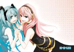  aqua_eyes aqua_hair azuma_sawayoshi hatsune_miku headphones highres holding_hands long_hair megurine_luka multiple_girls pink_hair skirt smile twintails vocaloid 