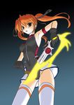  belt cross_mirage energy_blade frapowa from_below gloves gun lyrical_nanoha magical_girl mahou_shoujo_lyrical_nanoha_strikers no_jacket orange_hair solo teana_lanster thighhighs twintails weapon 