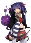  blue_eyes hat japonica miniskirt monster original purple_hair short_hair skirt striped striped_thigh_highs thigh_highs thighhighs tie uniform zettai_ryouiki 