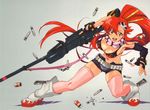  absurdres amber_eyes belt bikini bikini_top boots breasts cleavage elbow_gloves gainax gloves gun highres knee_high_boots long_hair midriff pony_tail ponytail red_hair redhead scarf shorts tengen_toppa_gurren-lagann tengen_toppa_gurren_lagann thigh_highs thighhighs weapon yellow_eyes yoko yoko_littner yoko_ritona 